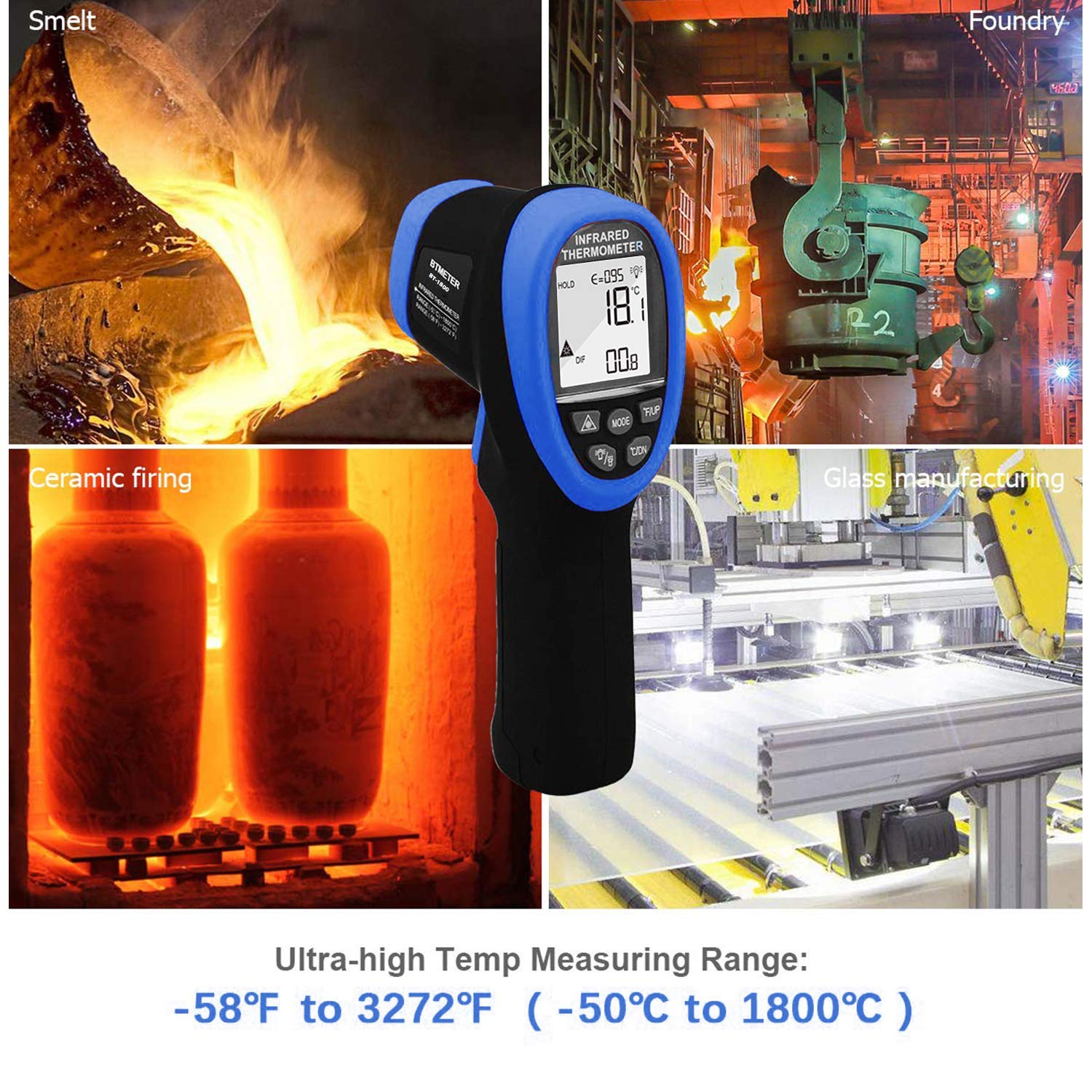 BTMETER BT-1800 Berührungsloses Pyrometer Hochtemperatur-Infrarot-Thermometerpistole -58~3272 °F (-50~1800 ℃) DS 50: 1 für Metallschmelzofen Forge Ofen Tempe Tester (NICHT für menschliche Temp)
