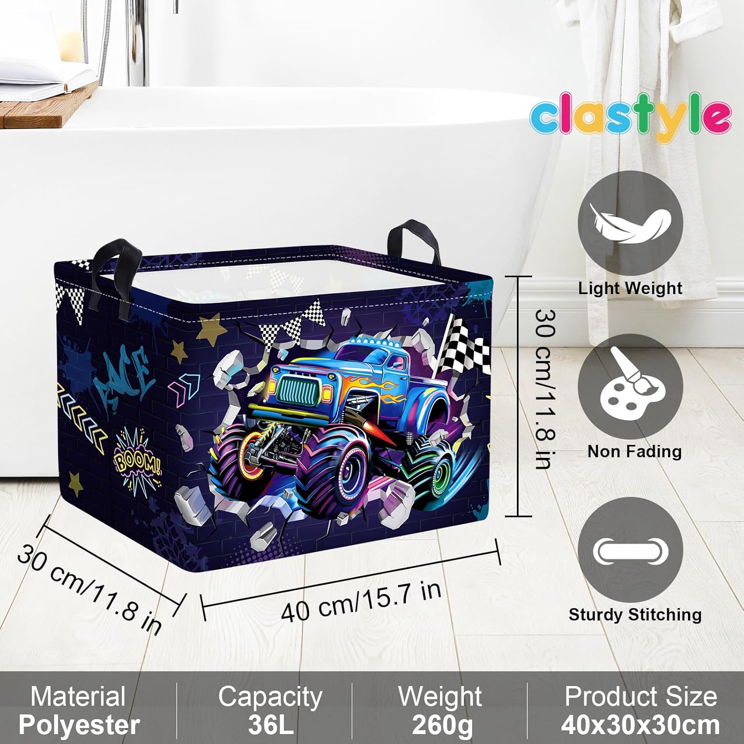 Clastyle Sport 3D Racing Car Boy Room Basket Racing Flag Monster Truck Toy Book Shelf Basket Large Rectangle Collapsible Dirty Clothes Storage Bin,Monster,40 * 30 * 30 cm