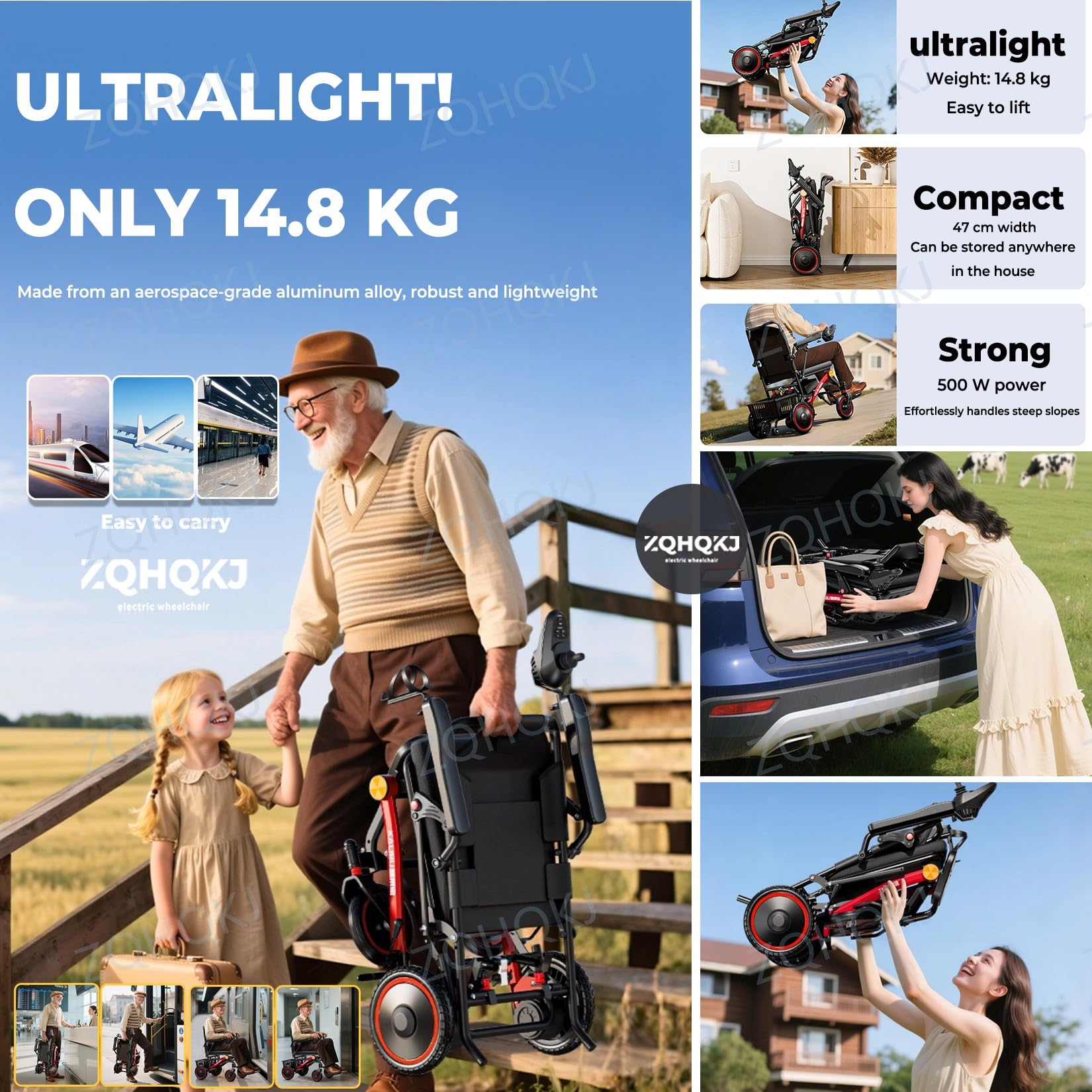 Sedia a rotelle elettrica ultraleggera pieghevole, solo 14,8 kg, doppio motore senza spazzole da 500 W, batteria al litio rimovibile da 12/20 Ah, fino a 25/35 km, adatta per viaggi e compagnie