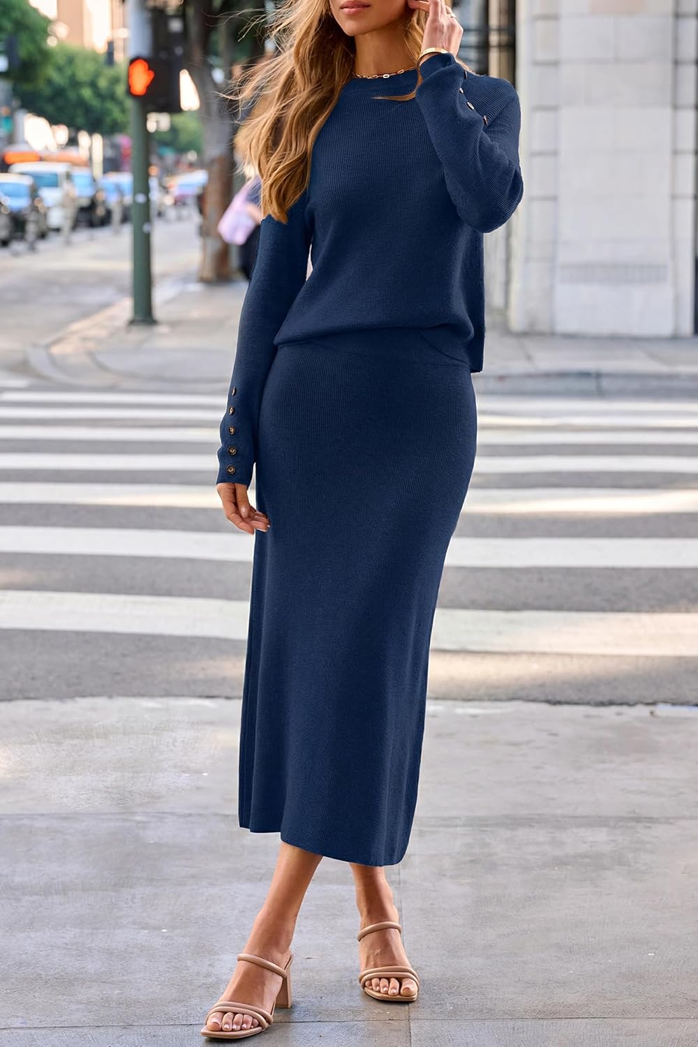 Arach&Cloz Women's Wool Blend Sweater 2 Piece Sets Business Lounge Long Sleeve Top Midi Dress Outfits - Image 2