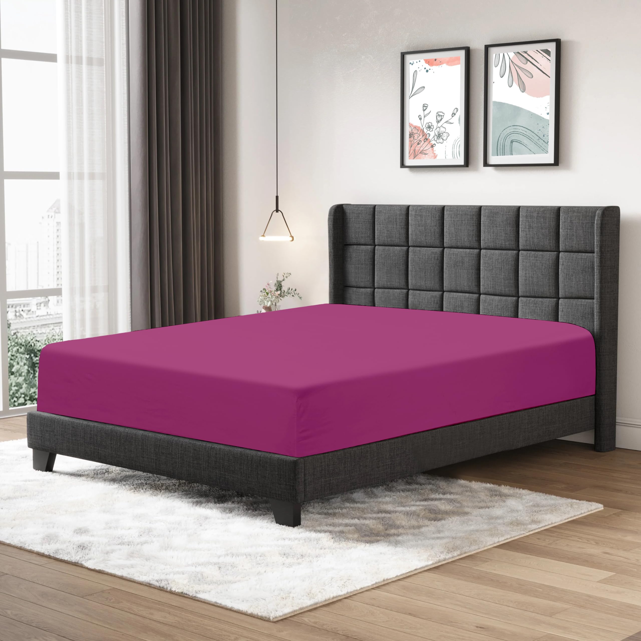 Fitted Sheet 25cm Deep Mattress Pocket 100% Egyptian Cotton 200 Thread Count Soft & Fade Resistant Bottom Fitted Bed Sheet (Fuchsia, Super King)