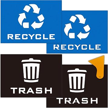 2pk Trash Recycle Stickers & 2pk Recycle Trash Sign Stencils Combo, 7" x 10" Large Strong Self-Adhesive Reuse Recycle Vinyl Decal Label for Trash Can,Black&Blue