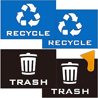 2pk Trash Recycle Stickers & 2pk Recycle Trash Sign Stencils Combo, 7" x 10" Large Strong Self-Adhesive Reuse Recycle Vinyl Decal Label for Trash Can,Black&Blue