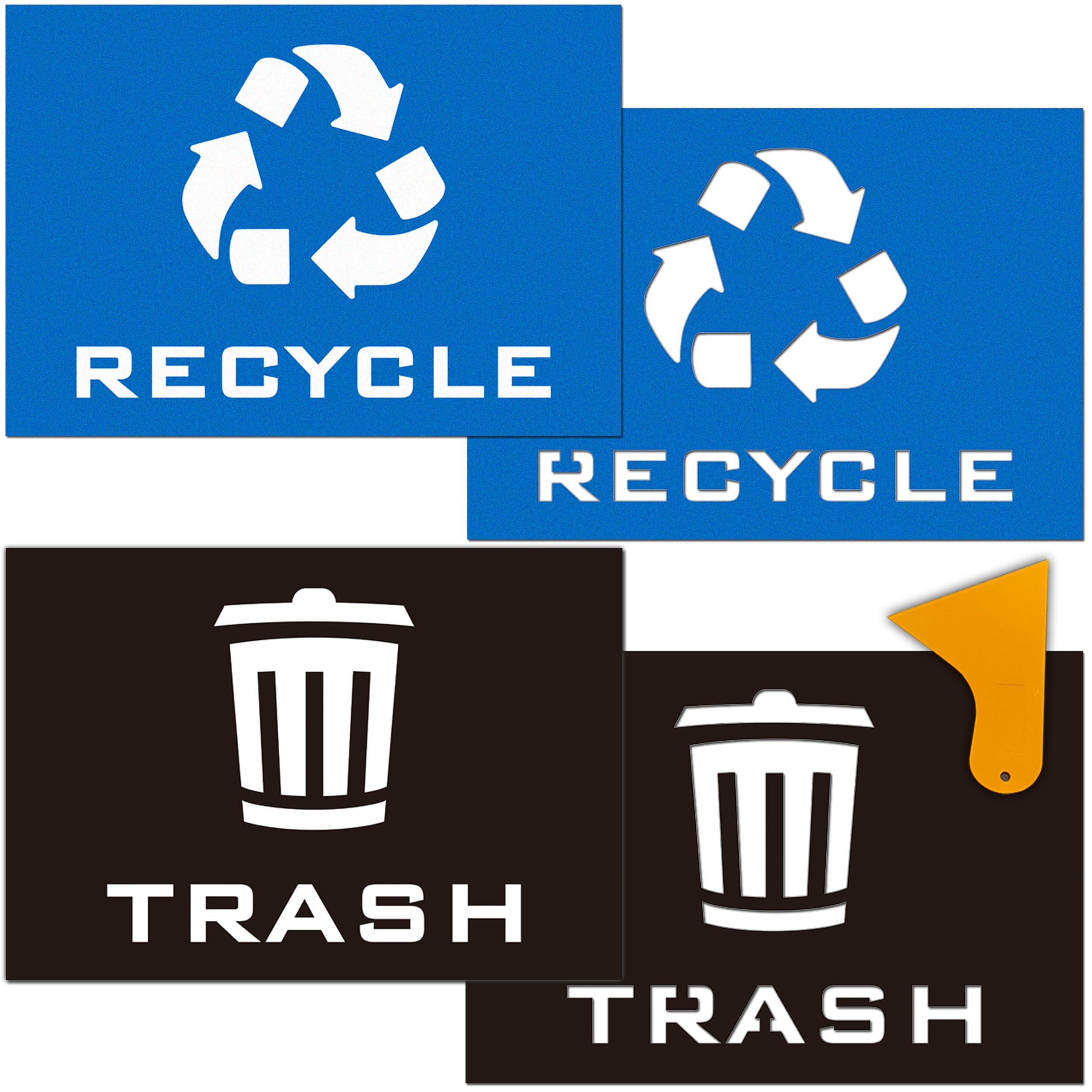 2pk Trash Recycle Stickers & 2pk Recycle Trash Sign Stencils Combo, 7" x 10" Large Strong Self-Adhesive Reuse Recycle Vinyl Decal Label for Trash Can,Black&Blue