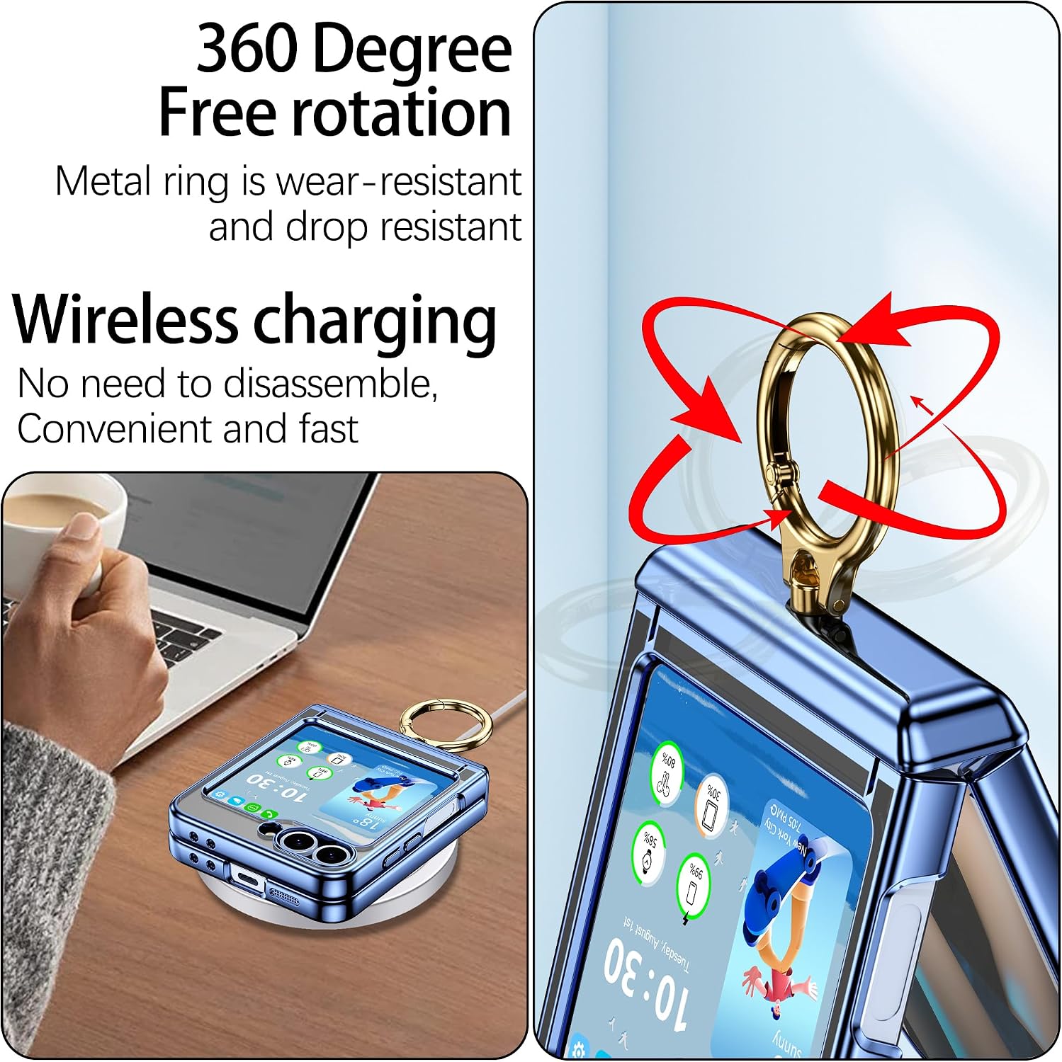 Designed for Samsung Galaxy Z Flip 6/5 Case with Ring Holder & Hinge Protection & Screen Protector,Ultra Slim Crystal Plating Protective Cover for Z Flip 6/5 (Clear Blue)