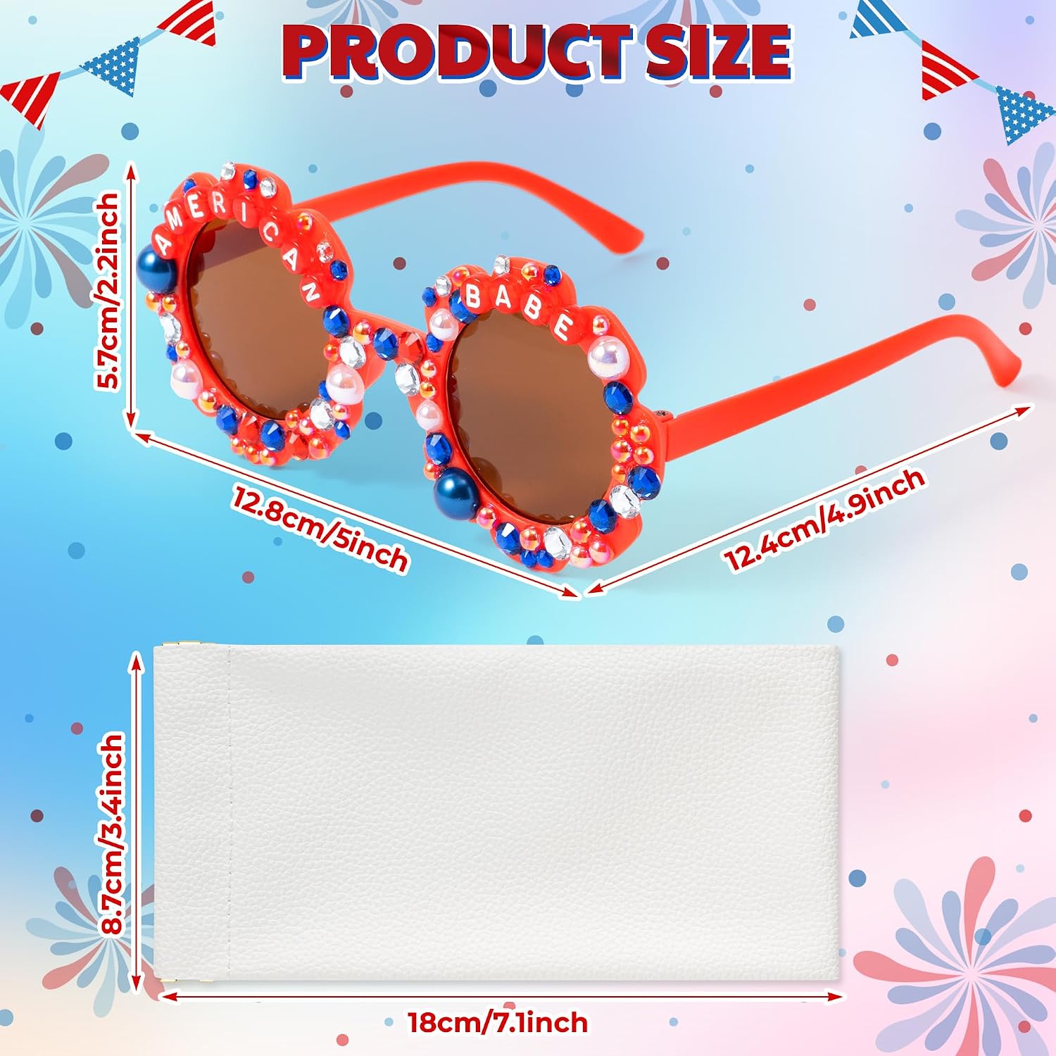 PANTIDE American Babe Sunglasses - Red White Blue Pearls Rhinestone Round Shaped Sunglasses, Fourth of July Patriotic Party Favors Outdoor Beach Glasses Accessories, Jewelry Gift for Kids (Red)