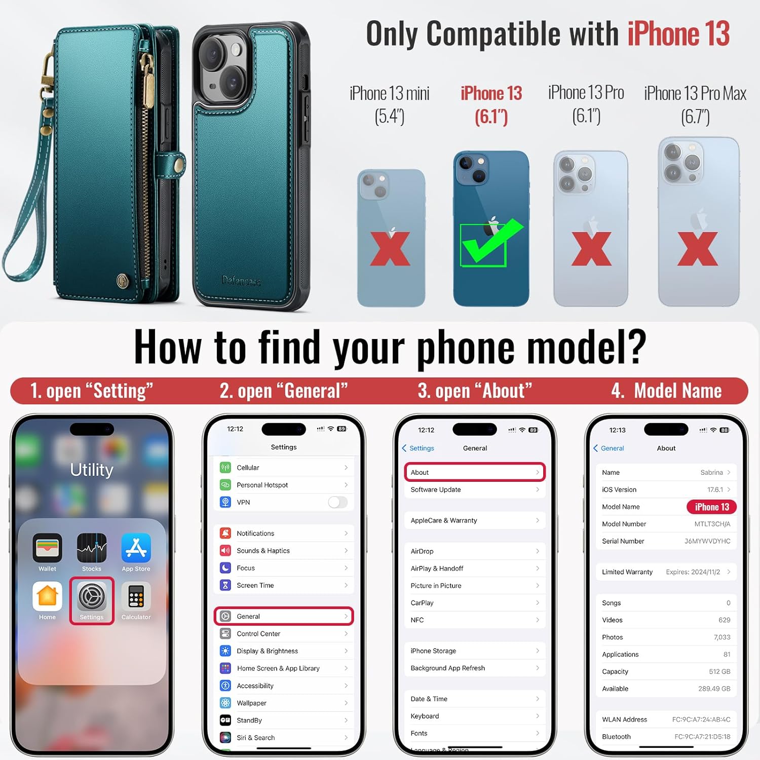 Defencase for iPhone 13 Magnetic Wallet Case Compatible with Magsafe with RFID Blocking Zipper & Card Holder for Women Men, PU Leather Strap Detachable Phone Case for iPhone 13 (6.1 inch), Blue Green - Image 7