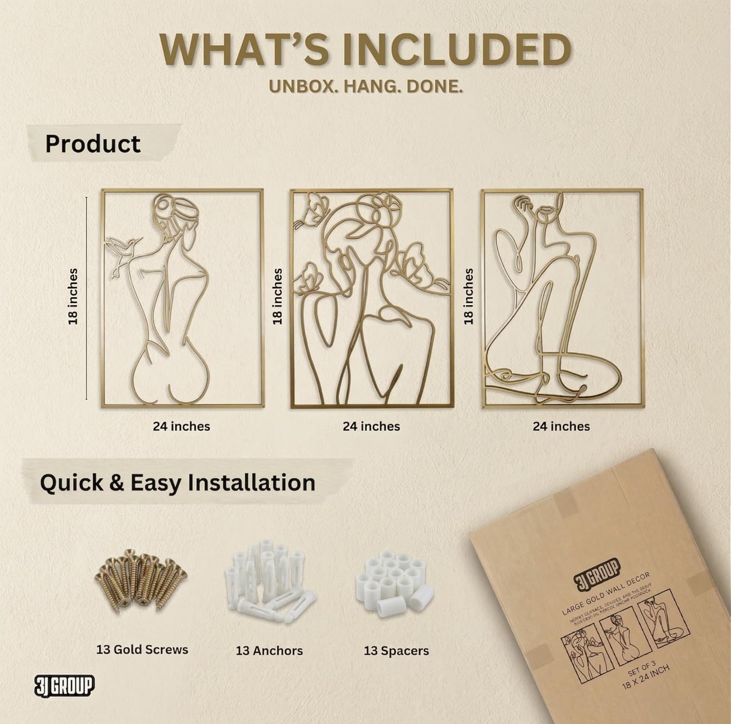 3J Group XL Gold Metal Wall Art - 18 x 24 Inches, 3 Piece - 2X Larger Than Standard - Female Line Art, Extra Thick With Screws Included, Living Room Bedroom Bathroom Decor