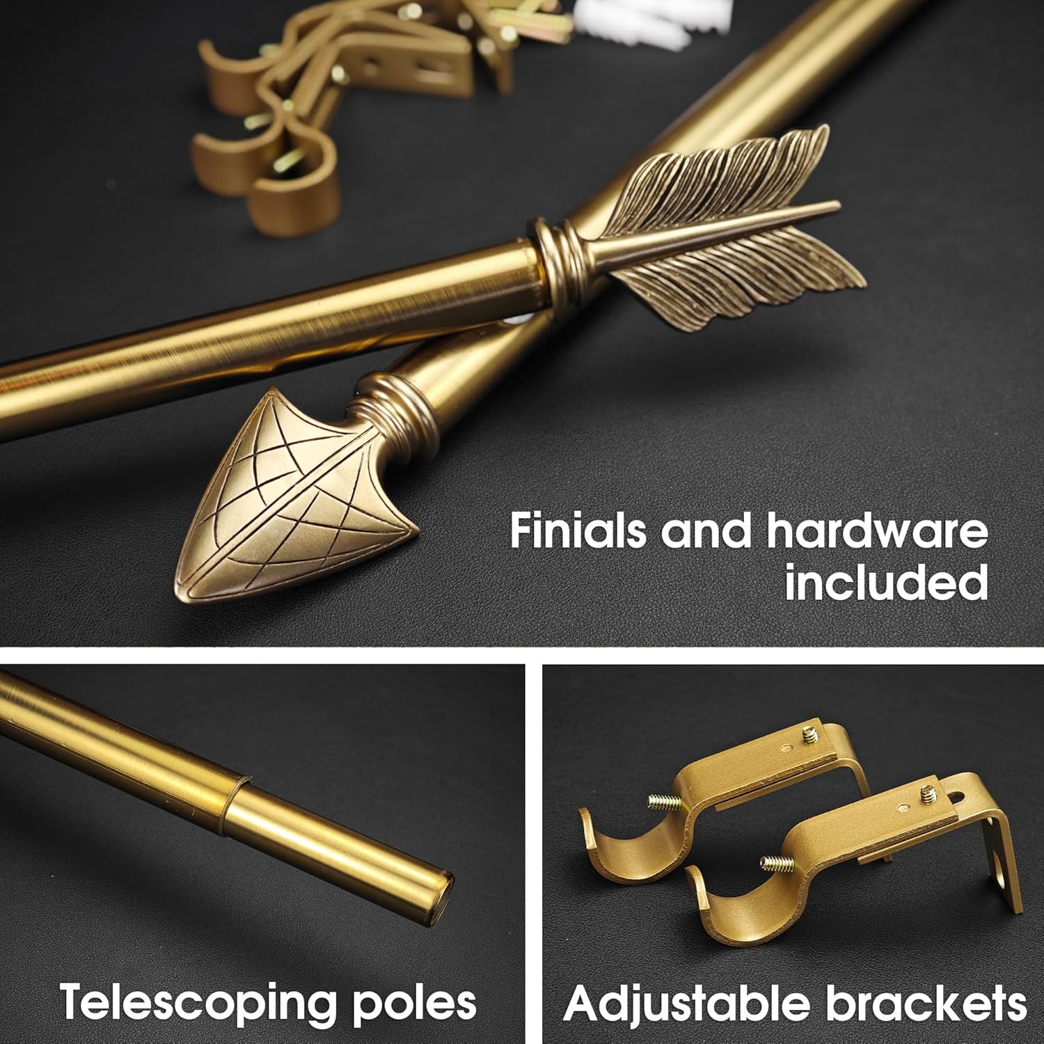 1 Inch Single Curtain Rods 36 to 72 Inches Adjustable Drapery Rods for Window width 24 to 68 Inches, Vintage Arrow Finials, Warm Gold