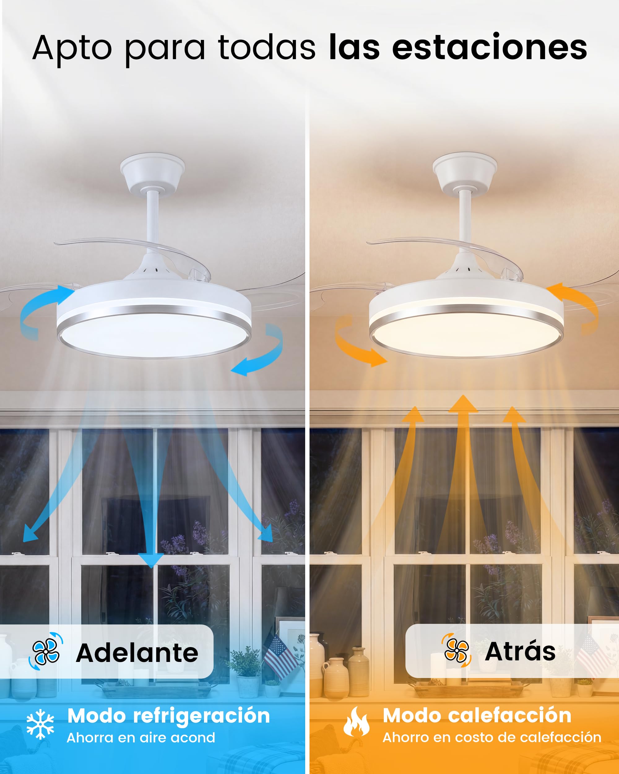 VOLISUN Ventilador de Techo con Luz aspas Retráctiles, Ultra-Silencioso Motor DC, CCT 3000-4000-6000K, Mando a Distancia - 50W Lámpara de Techo con Ventilador Moderno（(Plata, 106cm)