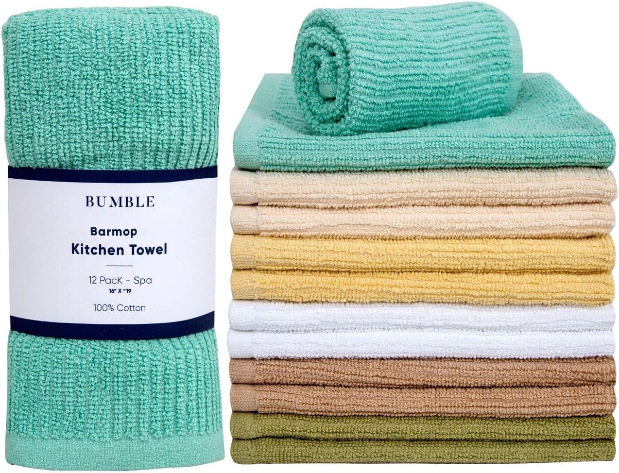 Bumble Deluxe Bar Towels | 16” x 19” Premium Bar Mop for Kitchen | Super Absorbent Kitchen Towels | 100% Cotton Heavy Weight 2-ply Yarn | Ribbed Weave (12 Pack) (SPA)