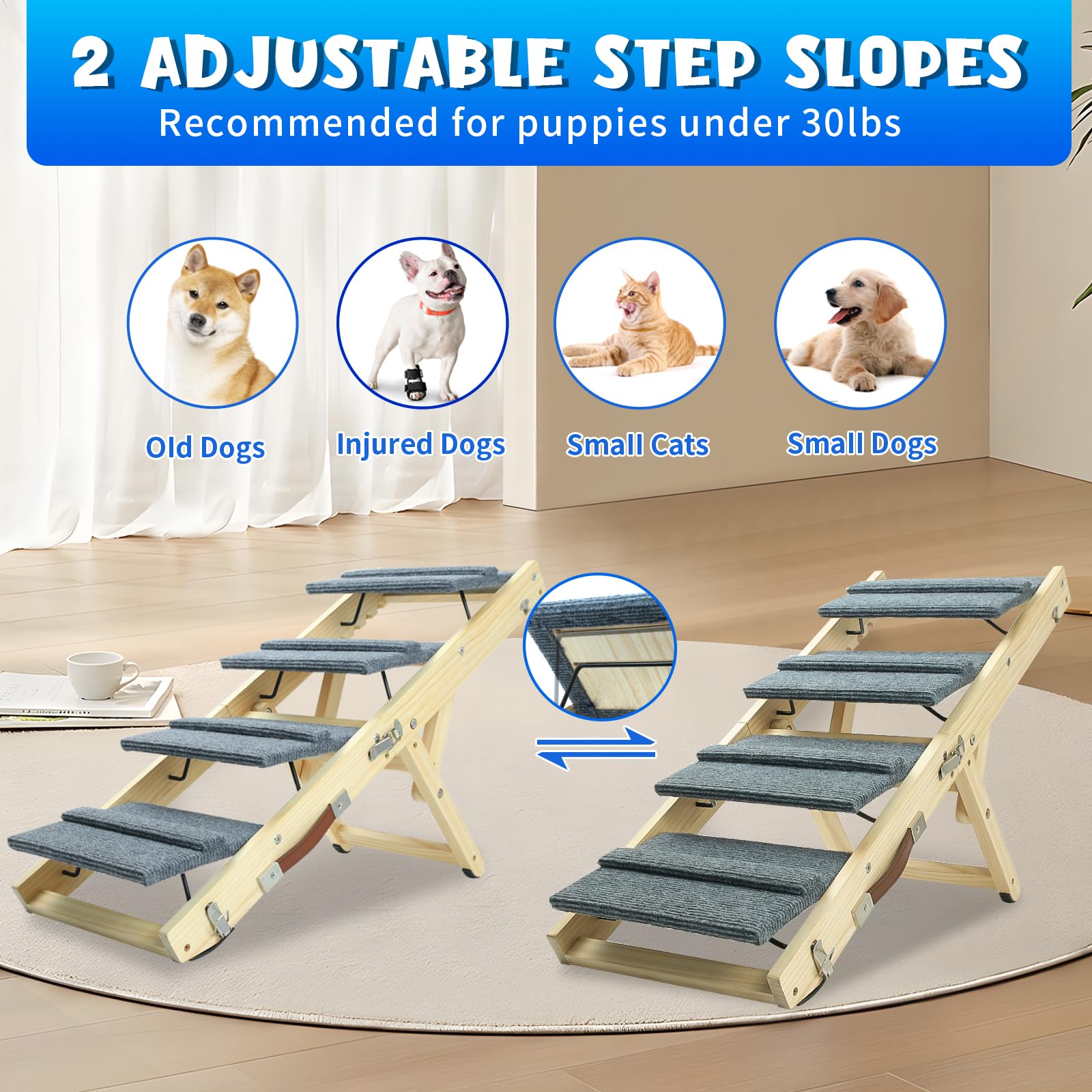 Dog Ramp, 2-in-1 Foldable Wooden Dog Stairs, with Non-Slip Traction Mat, Dog Steps for Bed, Couch, Car, Rated for 30 LBS