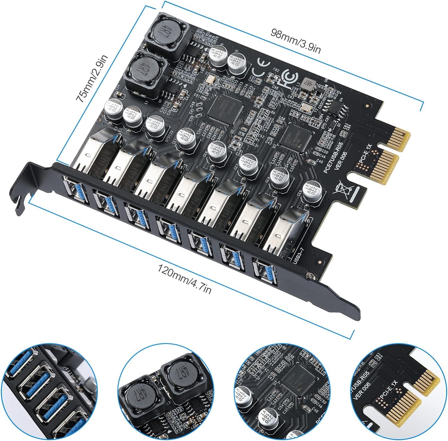 Tarjeta de Expansión de 7 Puertos USB 3.0 PCI Express, Conector de Tarjeta PCIe USB 3.2 (USB 3.1) Gen1 Card Hub Interno Conecta 7 Dispositivos para Windows 11/10/8/7/Vista/XP | Windows 11/10/8/7/Vista/XP
