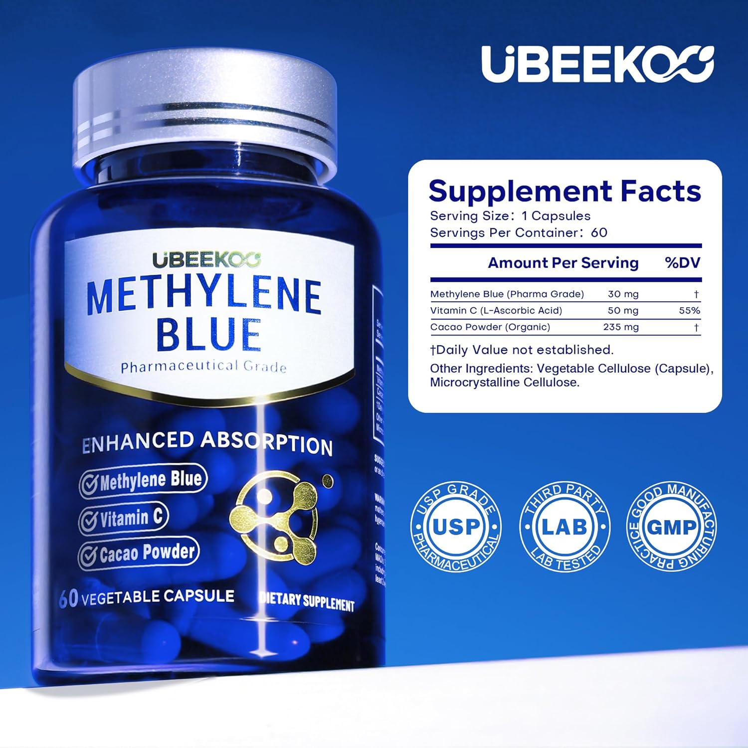 30mg Methylene Blue Capsules, Pharmaceutical Grade Methylene Blue Supplement with Vitamin C and Organic Cacao, 60 Vegan Capsules - Image 7