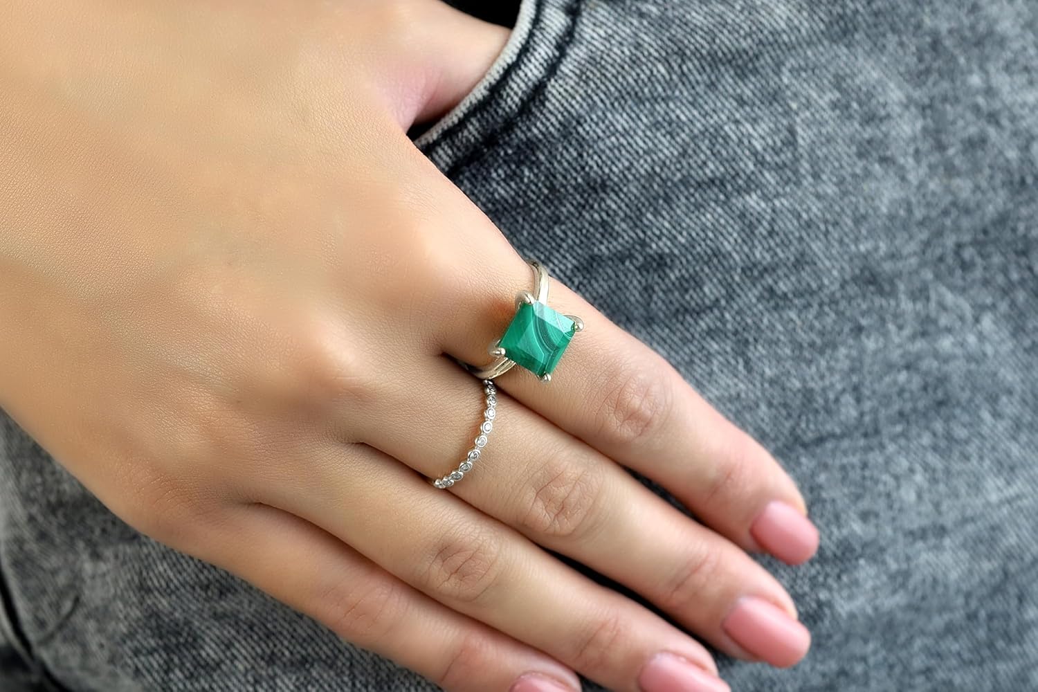 Amazing Malachite Ring - Vibrant Square Gemstone Jewelry for Women - Handmade Fashion Accessory, Custom Engravable Ring - with Box