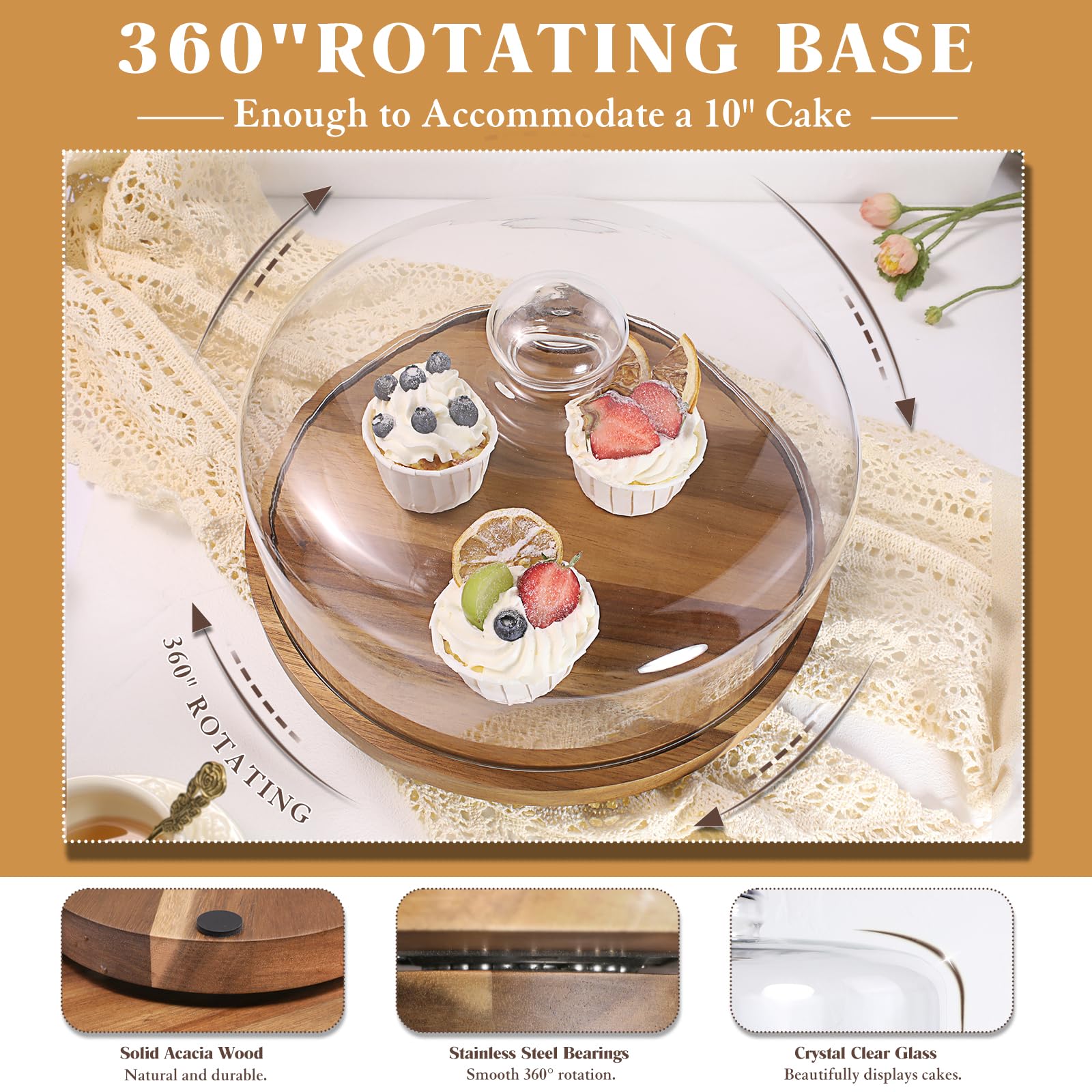 Soporte de madera para tartas con tapa de cúpula de cristal, tocadiscos para decorar postres para bodas, fiestas, regalos de horneado, platos de frutas y charcutería