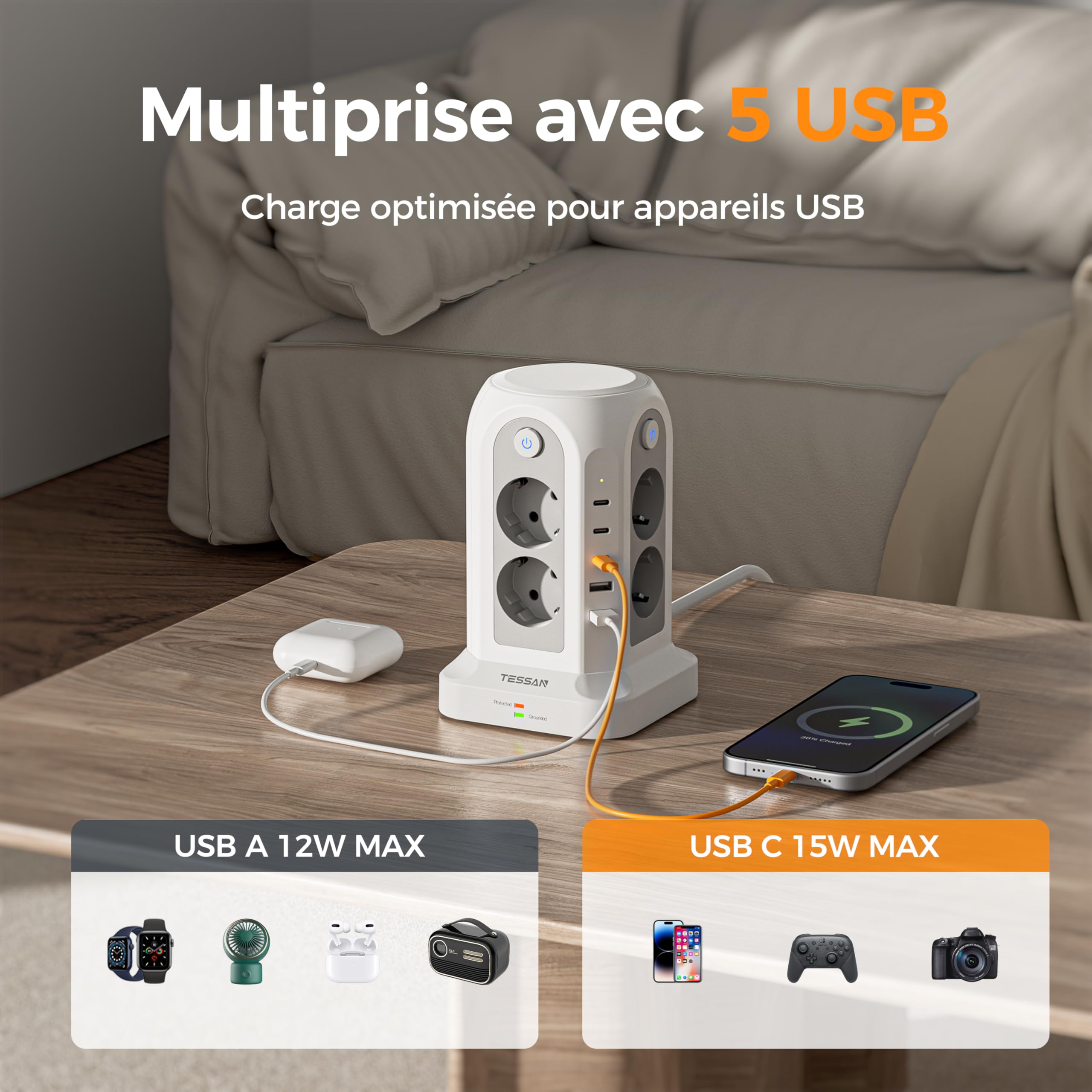 TESSAN Tour Multiprise avec Interrupteurs, Rallonge Electrique 2M, Prise Multiple 3680W avec 8 Sorties AC et 5 Ports USB (2A3C), Multiprise Parafoudre et Surtension pour Bureau et Maison, Gris
