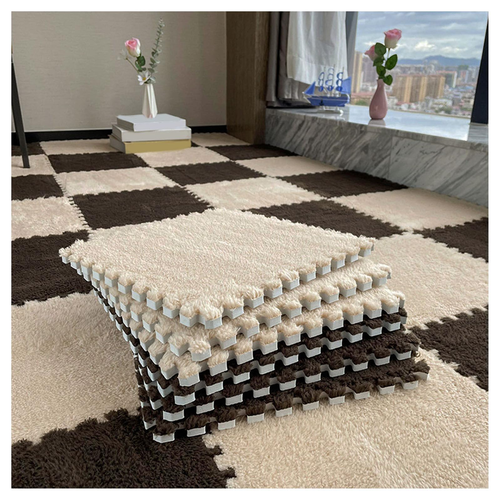 Blokujące się piankowe płytki dywanowe, miękkie, puszyste maty podłogowe do sypialni i pokoju zabaw, puzzle, piankowe kwadraty, morelowe i kawowe, grubość 0,5 cm, łatwe do czyszczenia