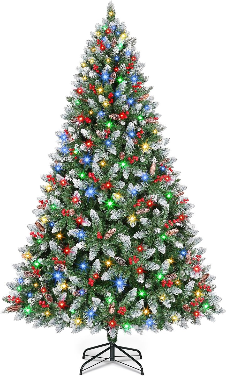 6 Ft Pre-Lit Artificial Christmas Tree with 350 Dual Color LED Lights & Timer - Snowy Spruce with 870 Branch Tips & 50 Pine Cones & 50 Berries Indoor/Outdoor Home Christmas Decorations