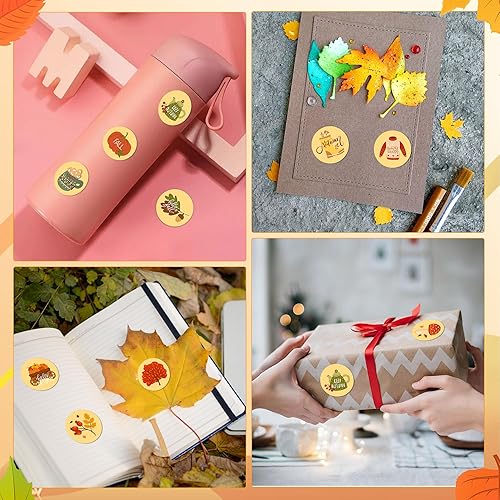 Miniatura 7 de Lucleag Calcomanías de hojas de arce de calabaza con texto en inglés «Hello Fall», 360 calcomanías redondas de otoño para niños, sellos de sobres de