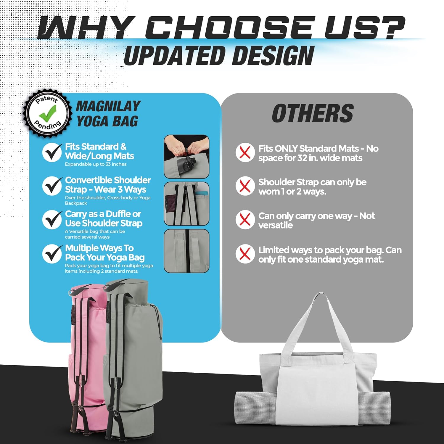 MAGNILAY Yoga Mat Bag - for Women and Men, Yoga Mat Carrier, Fits Mats Blocks and Accessories for Workouts, (32”L)