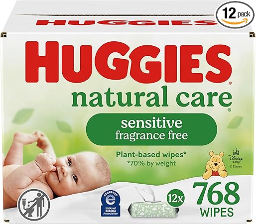 Huggies Natural Care Sensitive Baby Wipes, Unscented, Hypoallergenic, 99% Purified Water, 12 Flip-Top Packs (768 Wipes Total), Packaging May Vary