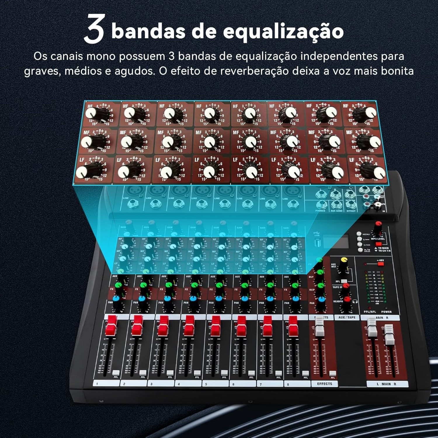 Diagram showing 3-band equalization controls on VEDO VDA208L Mixer