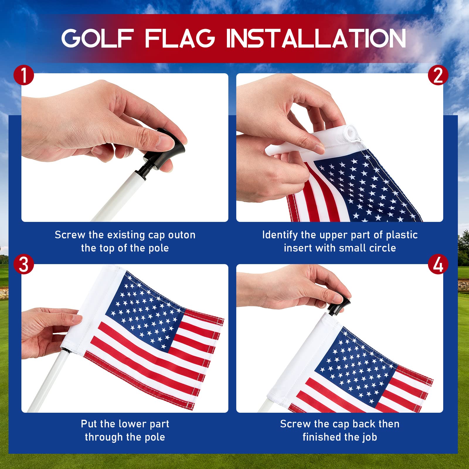 Moukeren 9 banderas de golf con tubo insertado de 20,3 x 15,2 cm de alto, de doble cara, estándar, para práctica, poner, banderas verdes de tubo, bandera americana, mini banderas de nailon 420D para