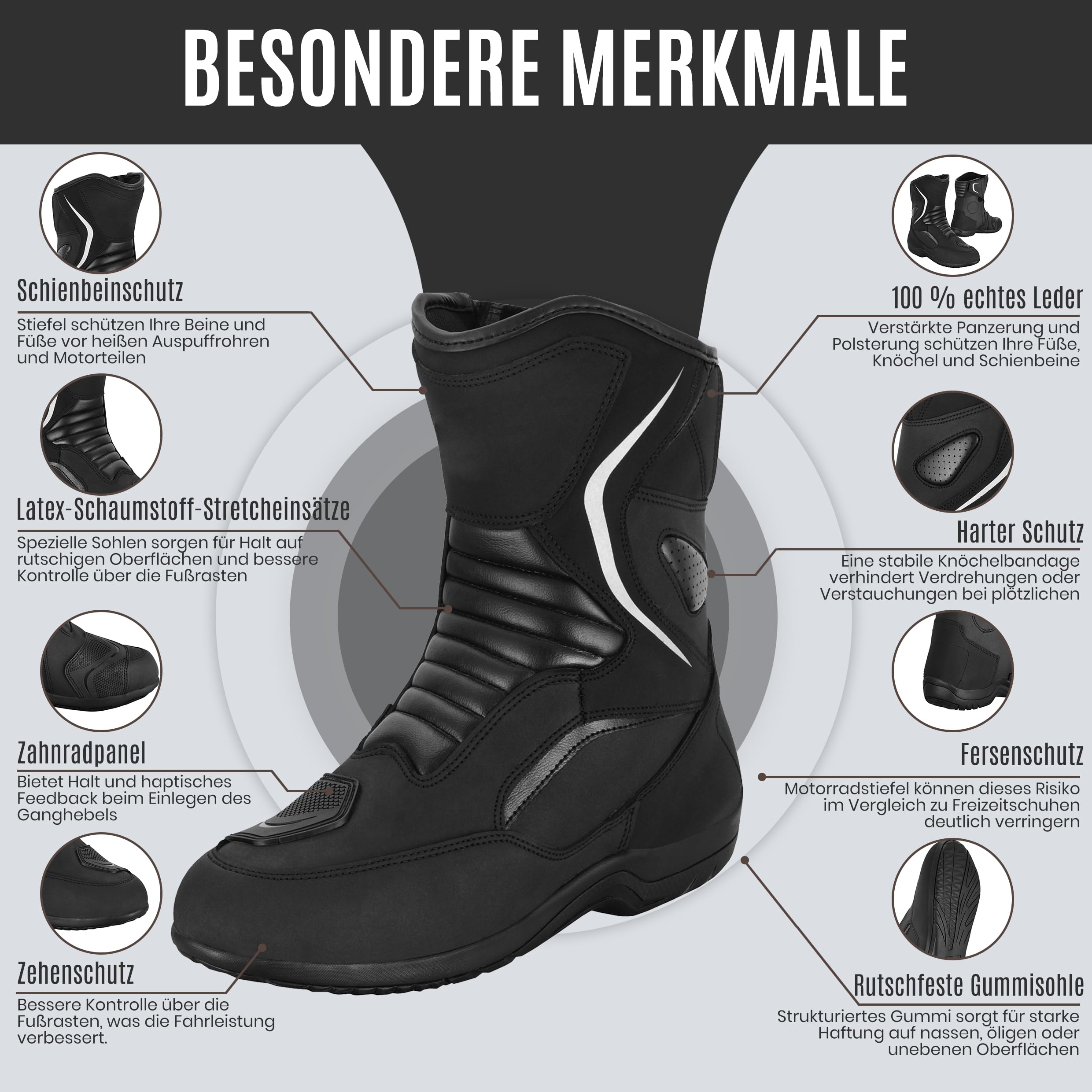 Botas de Motocross Hombre | Botas Piel Moto con Suela de Goma | Botas Motocicleta Rider de Cuero Proteccion para Hombre CE Approved EN 13634:2017