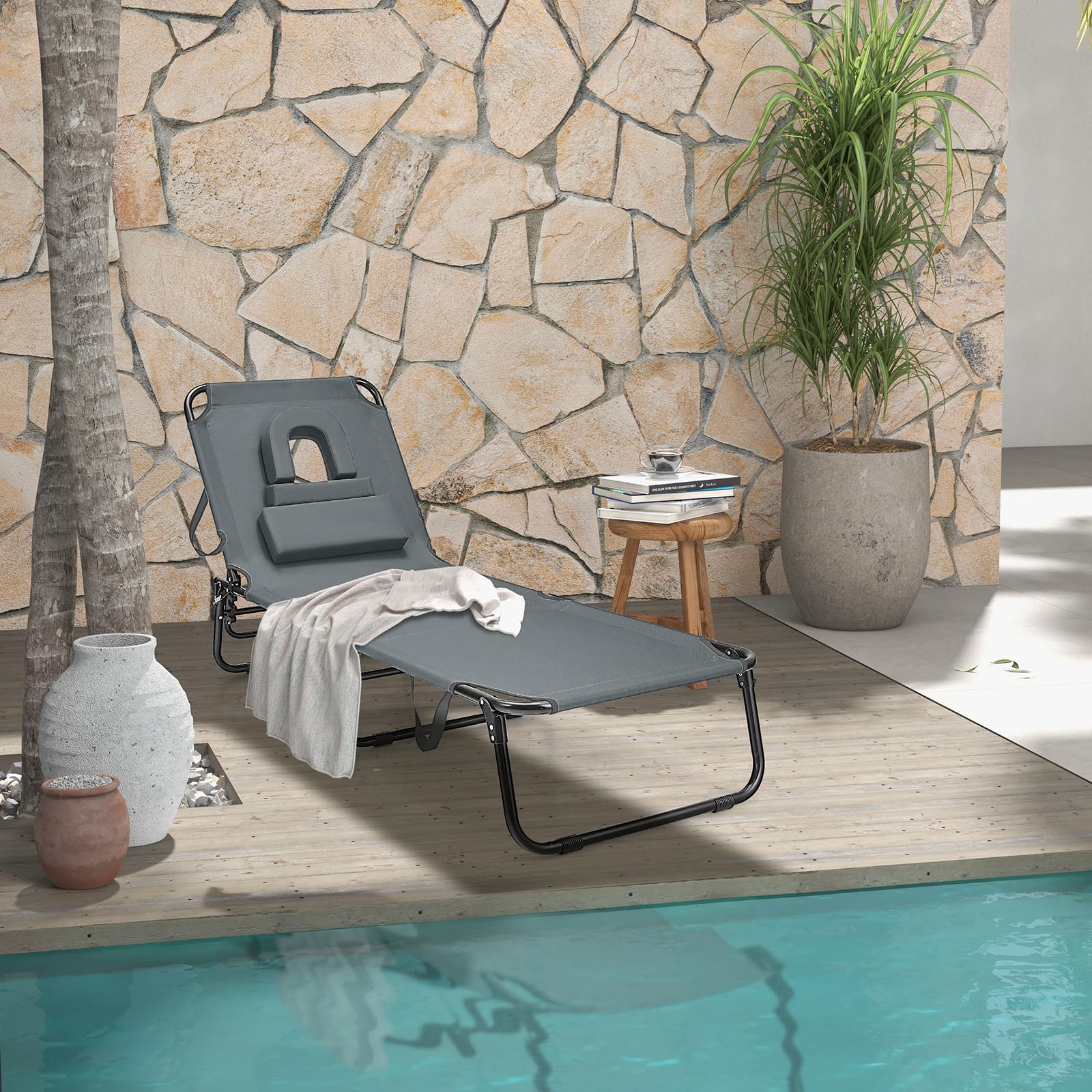 GIANTEX Chaise Longue Pliante pour Bronzage, Charge 160 kg, Dossier Réglable à 5 Positions, Repose-Pieds à 2 Positions, Bain de Soleil, Trou pour Visage, Transat Jardin pour Piscine, Plage, Gris