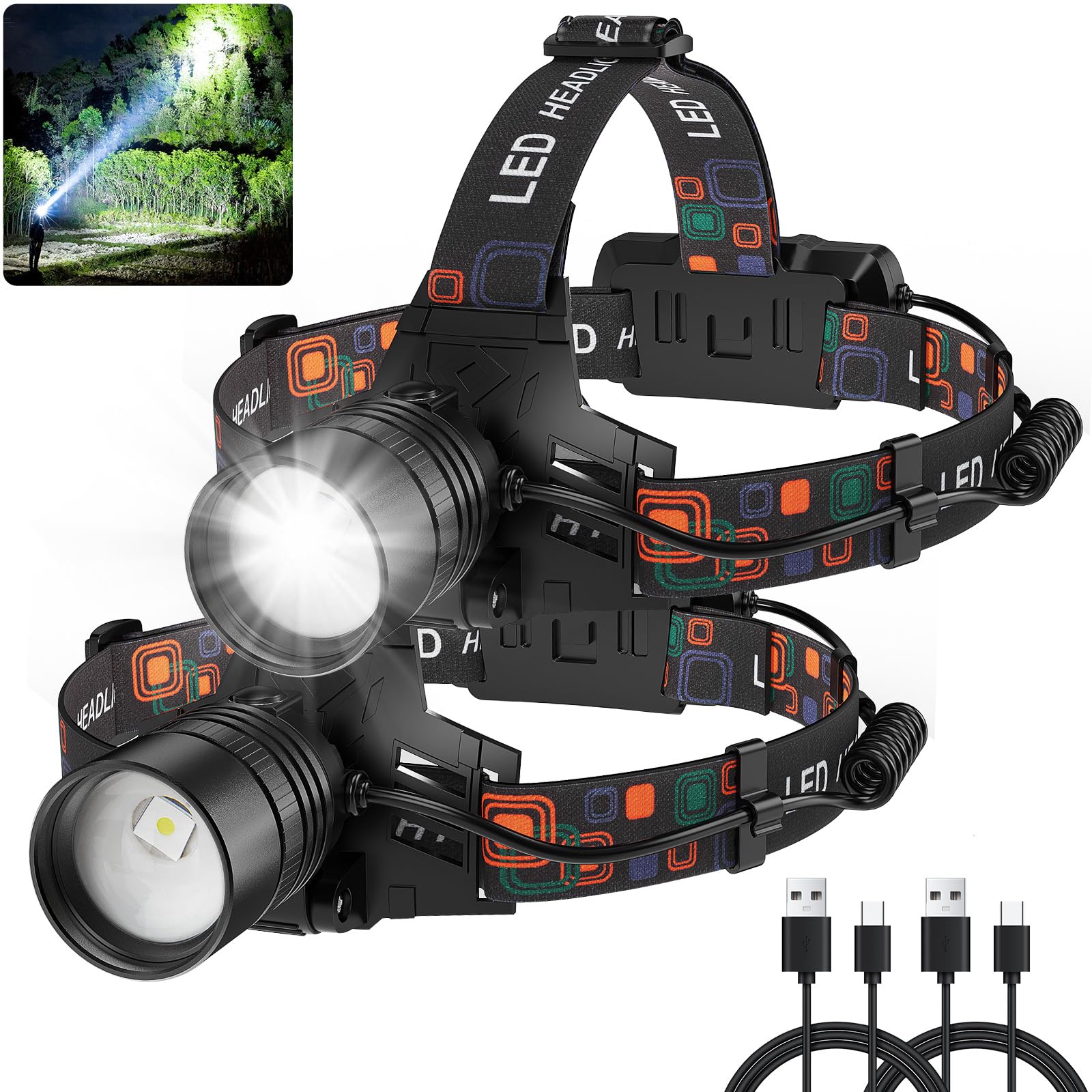 Rechargeable Headlamp 2Pack, 990000 Lumens Super Bright LED Head Lamp with 3 Modes, 90° Adjustable Head Lights for Forehead, 45H Long Runtime & IPX6 Waterproof HeadLamps for Camping Hunting Hiking