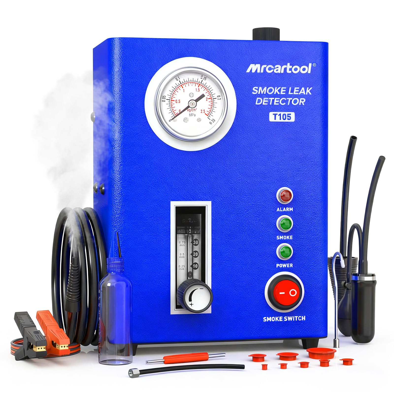 T105 Maquina Humo Coche EVAP Maquina de Humo para Detectar Fugas Con Bomba de Aire & Manómetro Tamaño de Humo Ajustable Apto Detectador de Fugas de Humo para todos los Coches, Motos y Camiones