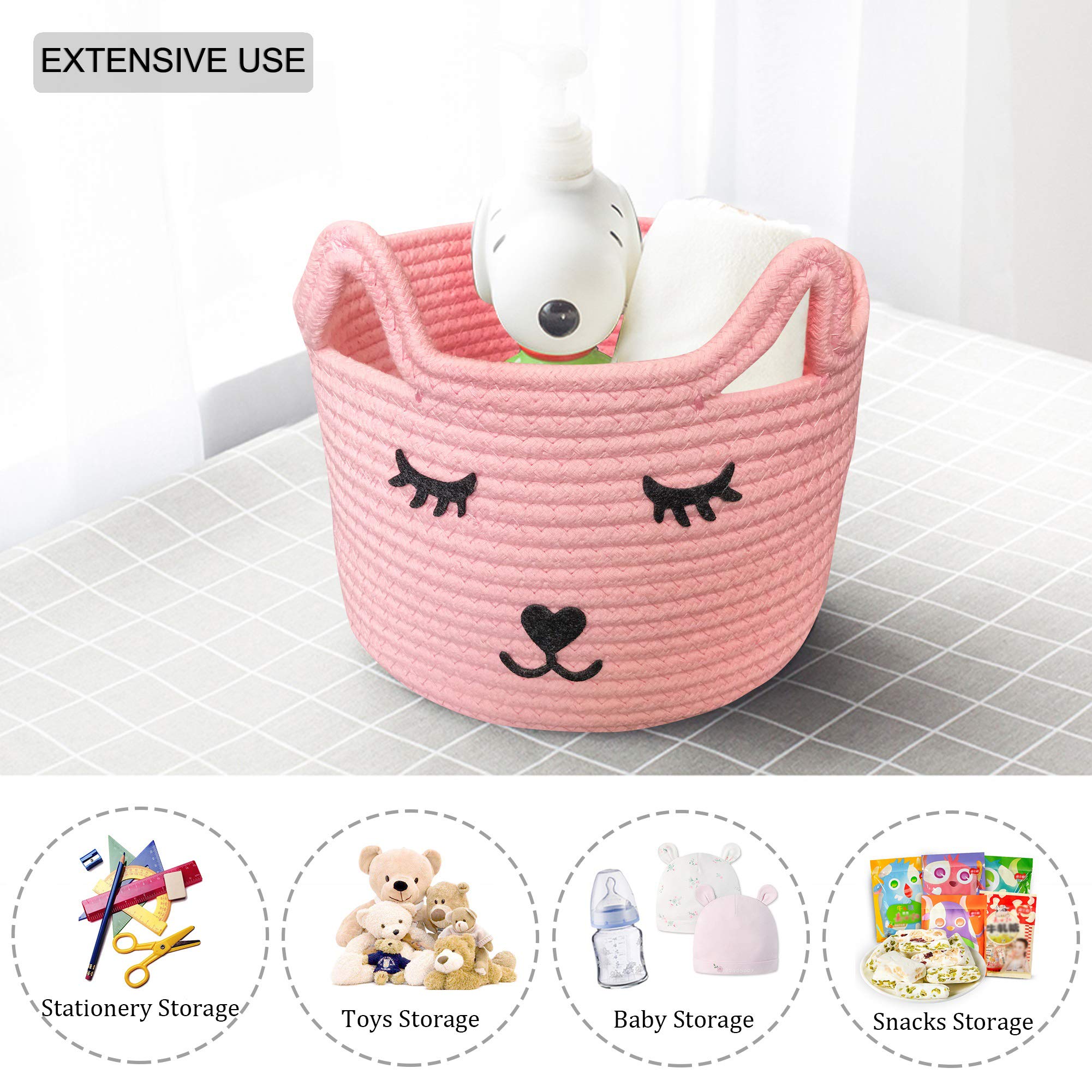 Panier De Rangement En Corde De Coton Tissé - Format Rond - Pour Jouets, Maquillage, Bureau - Blanc Et Marron Chiné