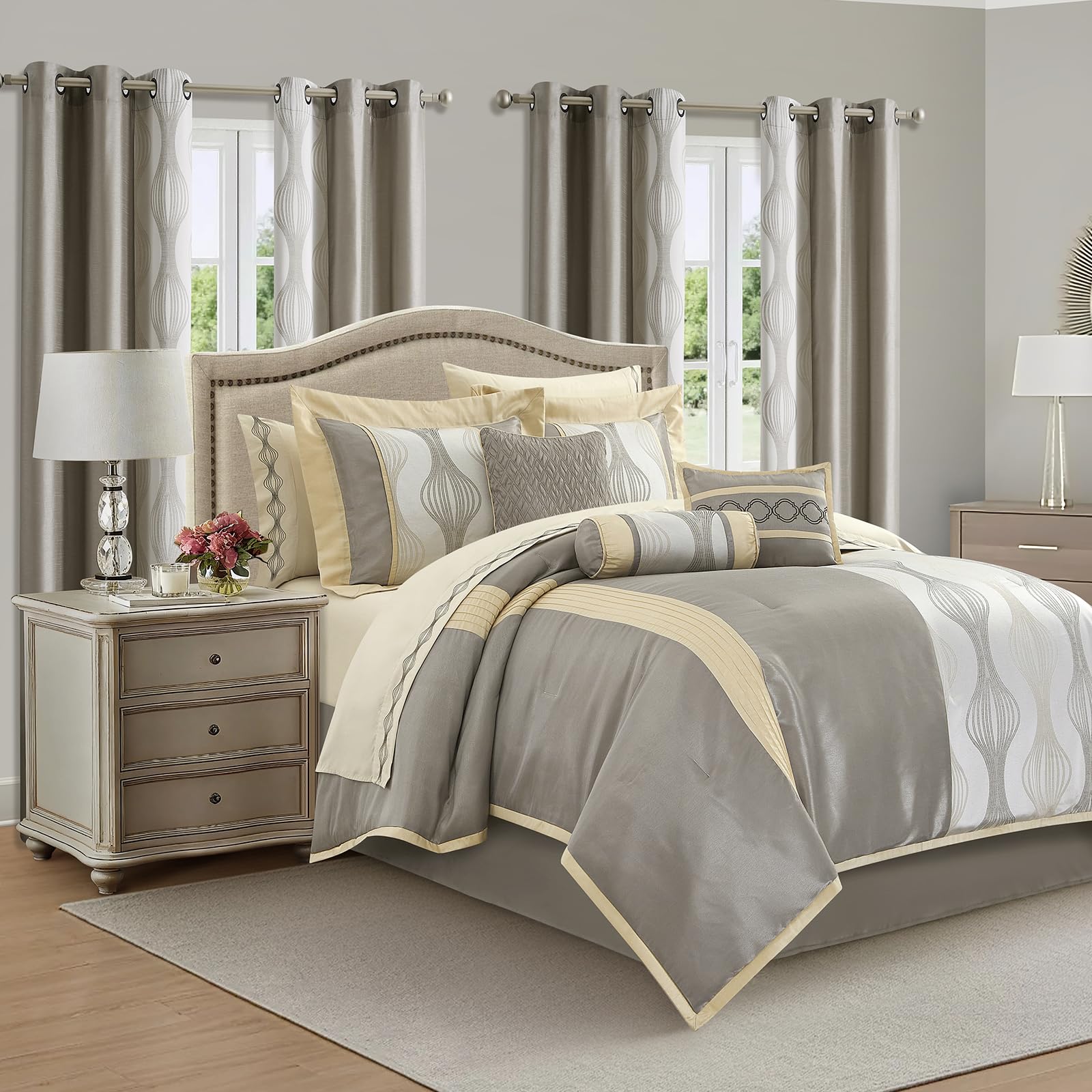 LANCO MODERN LIFESTYLE King Comforter Set, Grey Gold, 15 Pieces Room in a Bag, Ultra Soft Jacquard with Patchwork, Luxury Bed Set with Sheets,