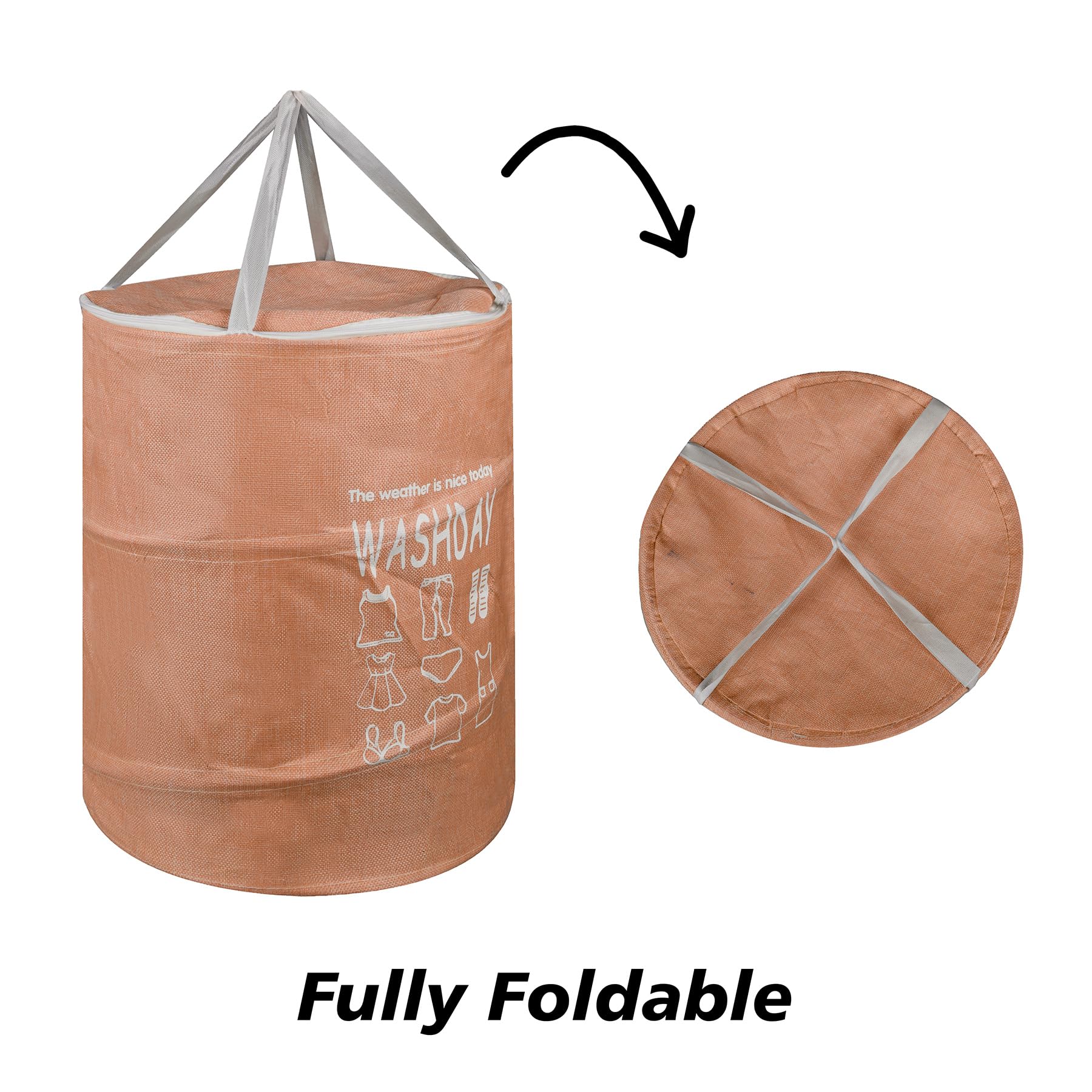 Kuber Industries Wäschekorb | Runder Faltbarer Wäschekorb | Jute Aufbewahrungstasche mit Knopfgriffen | Kleiderkorb für Zuhause | Spielzeug Aufbewahrungskorb | 45 Liter | 2 Stück | Pfirsich