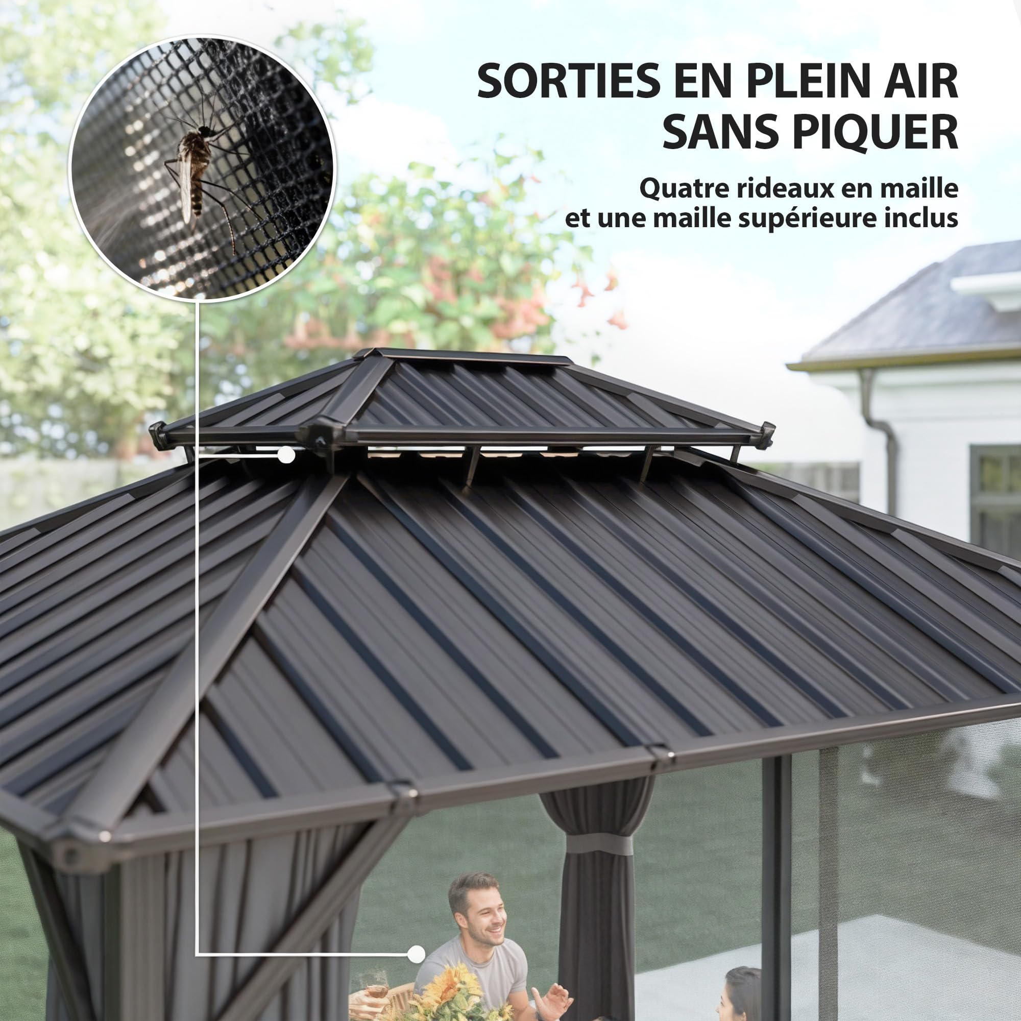Outsunny Pavillon 3 x 3,6 m Toit Rigide Acier Galvanisé UPF50+ Gris Foncé