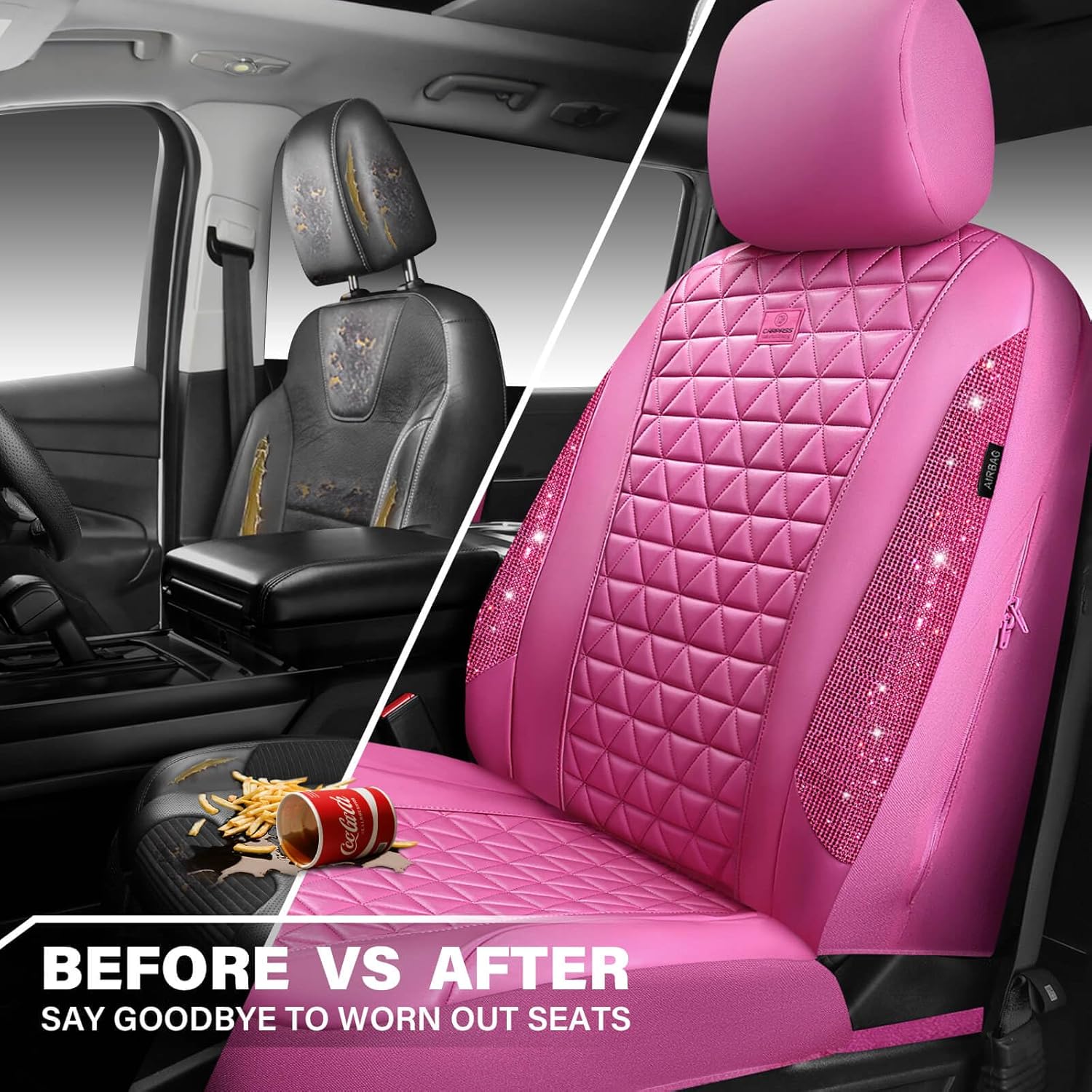 CAR PASS Hot Pink Bling Diamond Leather Car Seat Covers Full Sets, Waterproof Shining Glitter Sparkly Crystal Universal Armrest Fit for Automotive Truck SUV Cute Women Girl,Hot Pink Rhinestone