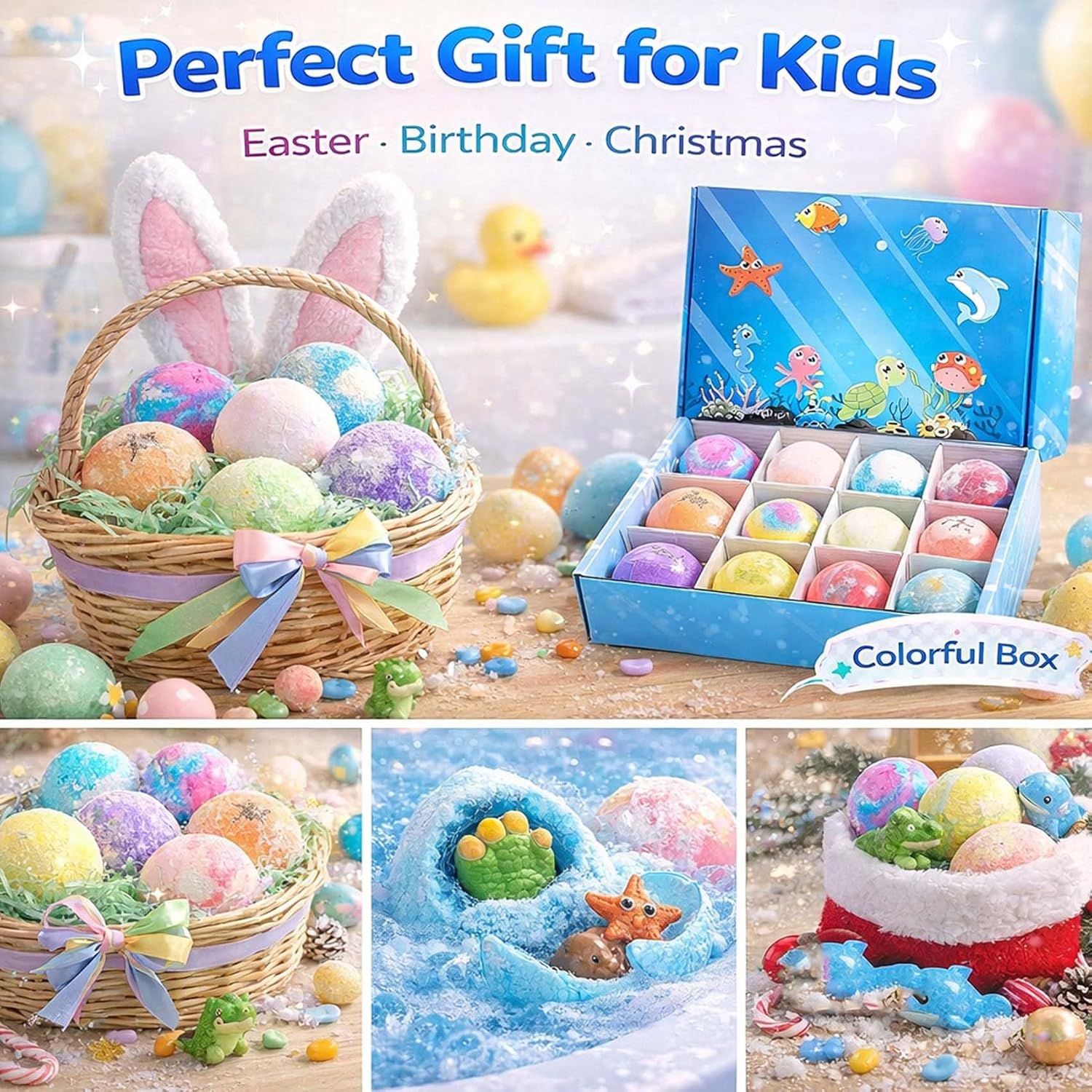 2026 Bath Balls with Surprise Inside,Easter Bath with Toys Inside,6/12 Pack Fizzy Bubble Bath Gift Set,Dinosaur Egg & Ocean Theme Bath Fizzies,Natural Sea Salt Color Changing Spa Bath Balls (A)