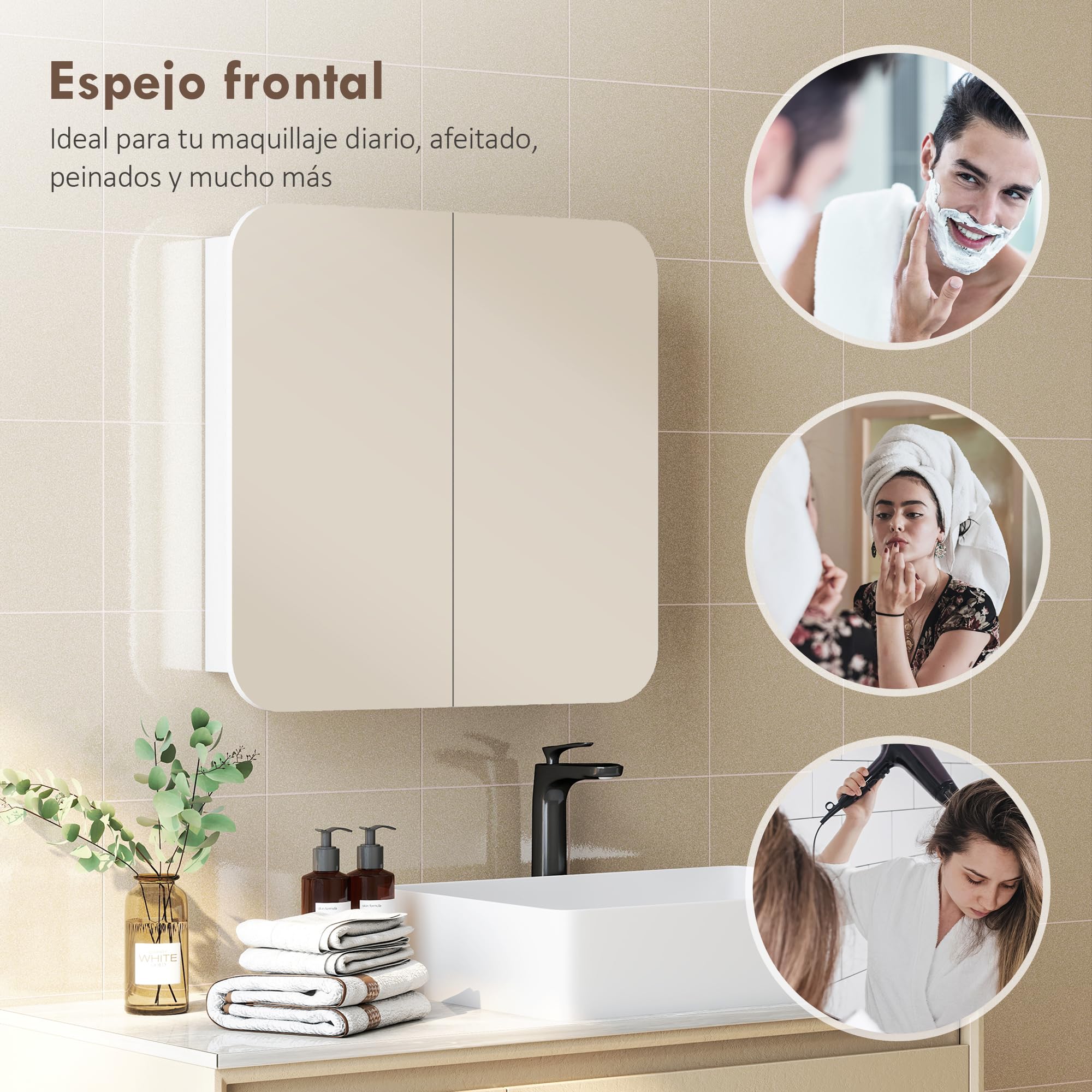 HOMCOM Armario de Baño con Espejo, Diseño con Bordes Curvados, Armario de Pared, Mueble de Baño Colgar, 2 Puertas, Estantes Ajustables, 68x13x66 cm, Blanco