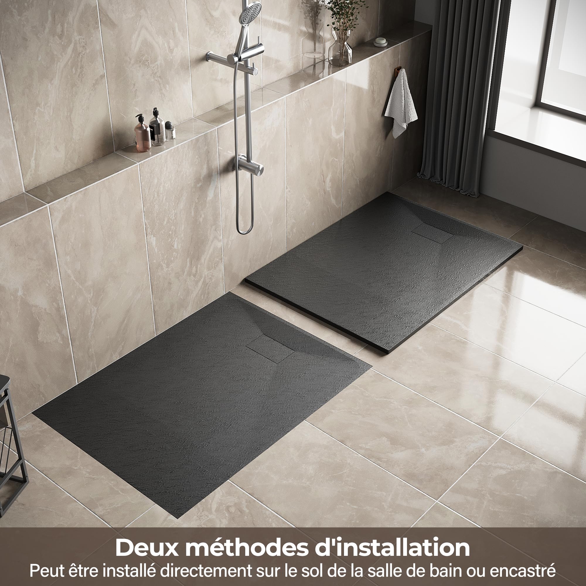 SIRHONA Piatto Doccia, 160 x 90 cm, Vassoio Doccia Antiscivolo, Rettangolo Nero, Materiale in Resina SMC, con sifone