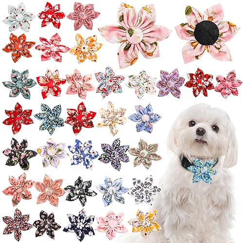 Jowgut 36 Pieces Dog Flower Collars, 8.5 cm/3.3 Inch Adjustable Pet Bow Tie Collar, Multi-color Pet Flower Collar Dog Charms, Floral Accessory for Small Medium Large Cat Puppy Pets