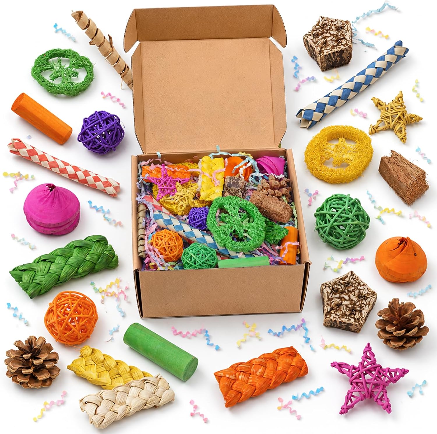 Bird Foraging Toys Box,26pcs Colorful Shredding & Chewing Toys
