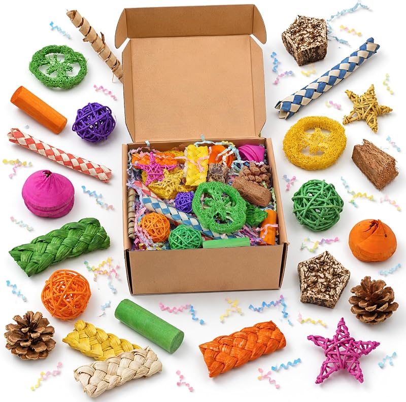 Bird Foraging Toys Box,26pcs Colorful Shredding & Chewing Toys | Small to Medium Parrots |13-in-1Bird Toy Set|No-Toxic Materials|Plant-dyed|Beak Care|Enrichment for Parrots｜Gifts for parrots