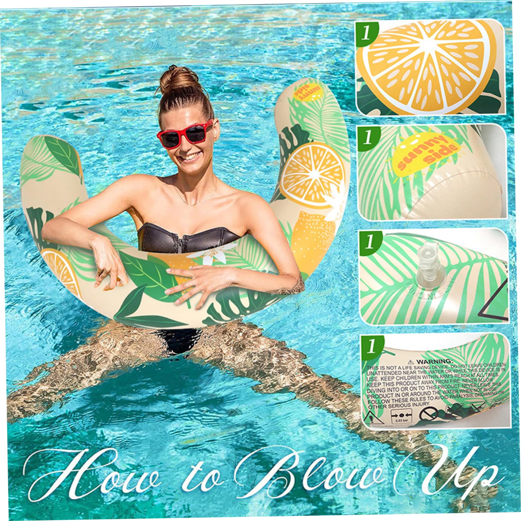 Paquete de 2 fideos inflables para piscina, fideos de natación en forma de U con estampado de limón para adultos, divertidos accesorios de flotadores para verano, playa, lago