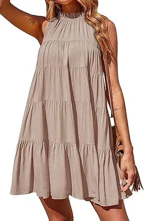 Okiwam Womens Summer Halter Dresses Sleeveless A Line Tiered Swing Mini 2025 Fall Casual Boho Beach Vacation Sundress