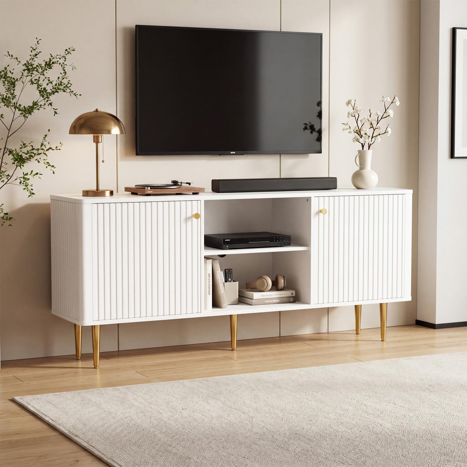 Nordivale TV Unit, TV Stand Cabinet for up to 65 Inch TVs, Modern Wave Design TV Cabinet with Storage, Media Unit for Living Room, Cable Holes, White
