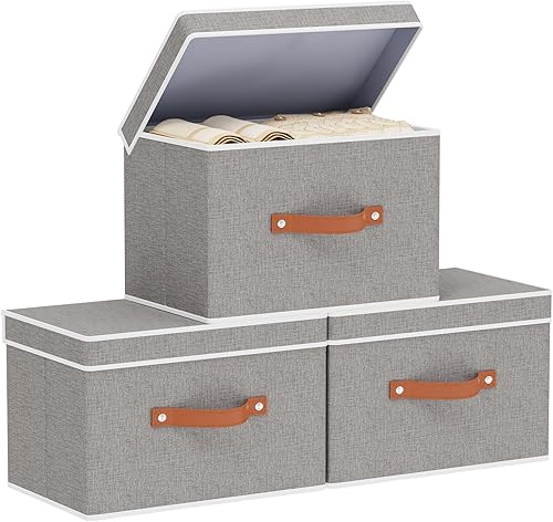 Miniatura 10 de Cesta de almacenamiento de tela con tapas, contenedores de almacenamiento plegables de lino, cajas organizadoras de armario con asas dobles, gris,