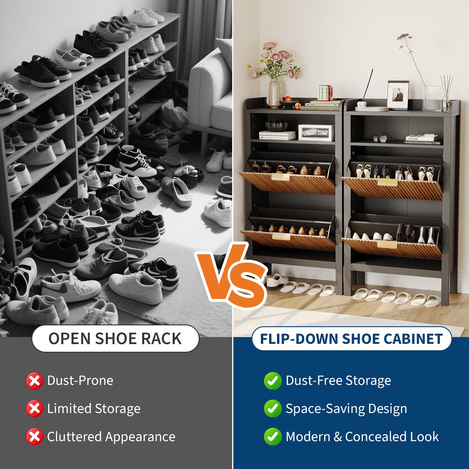 Garvee Schuhschrank mit 2 Klappschubladen, Schmaler, Geriffelter Schuhschrank mit Füßen, Freistehender, Versteckter Schuhschrank für Eingangsbereich, Flur, Wohnzimmer, Schlafzimmer