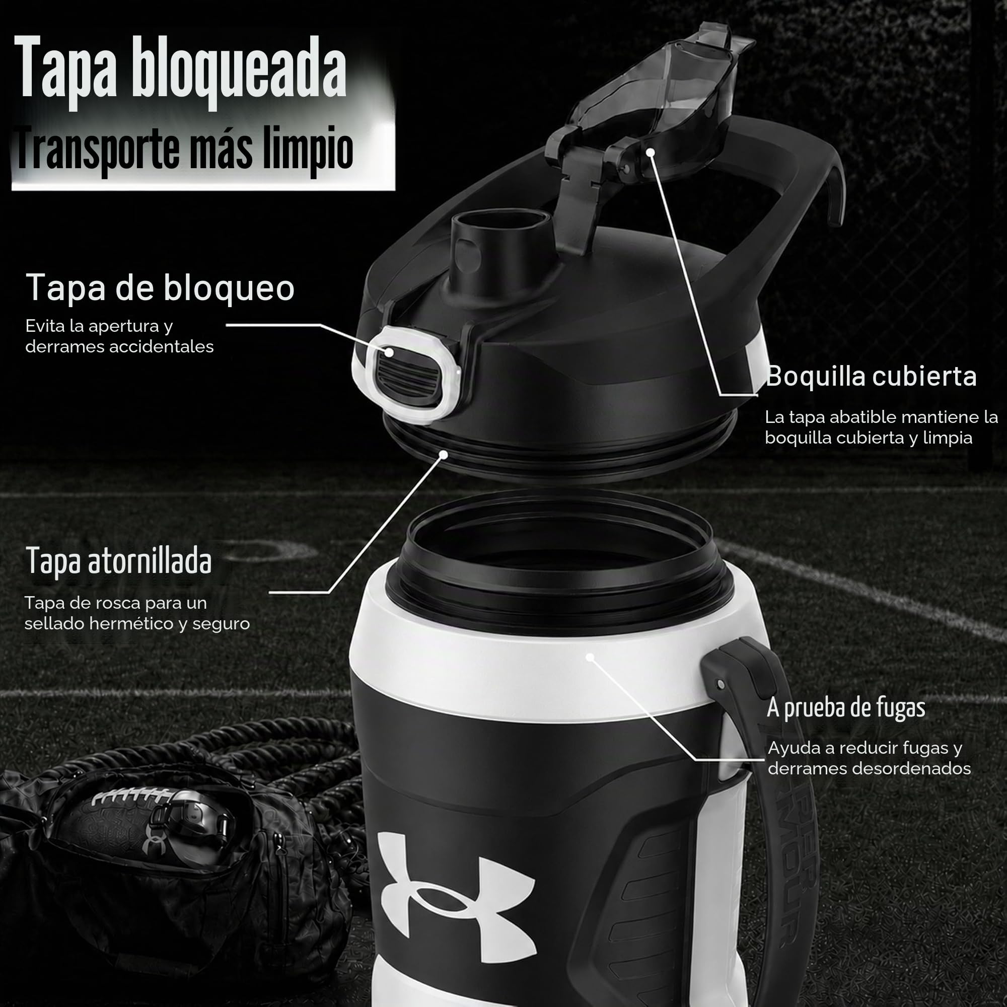 Under Armour Botella de agua aislada de 64 onzas con asa, con aislamiento de espuma y resistente a fugas, jarra de agua deportiva, gancho para cerca, apta para lavavajillas, color negro y gris claro,