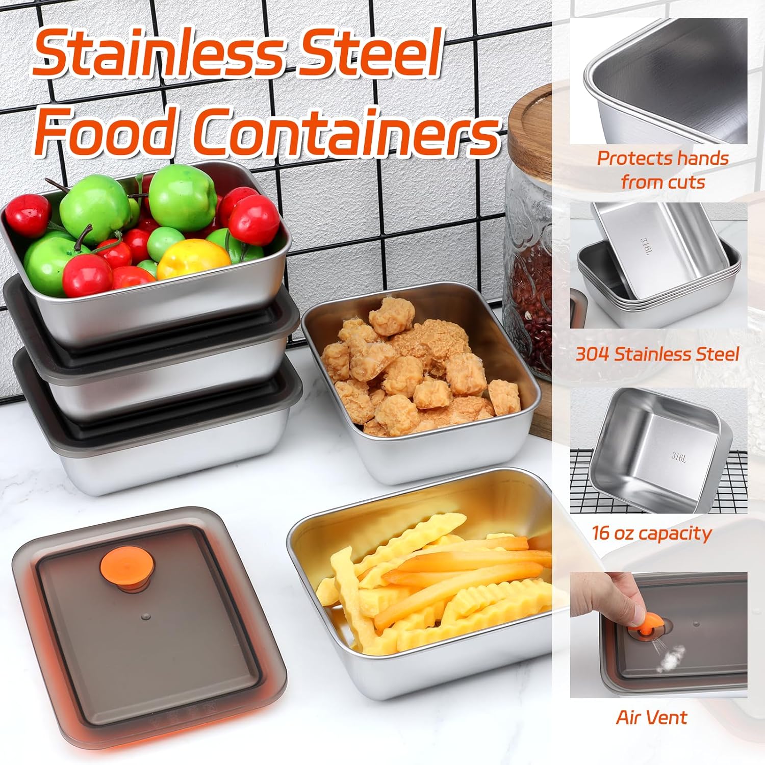 10 Set Stainless Steel Food Containers with Lids, Metal Leak-Proof Food Storage Containers Reusable Stackable Meal Prep Container for Lunch Picnic Travel, Dishwasher & Freezer Safe (16 oz) - Image 3
